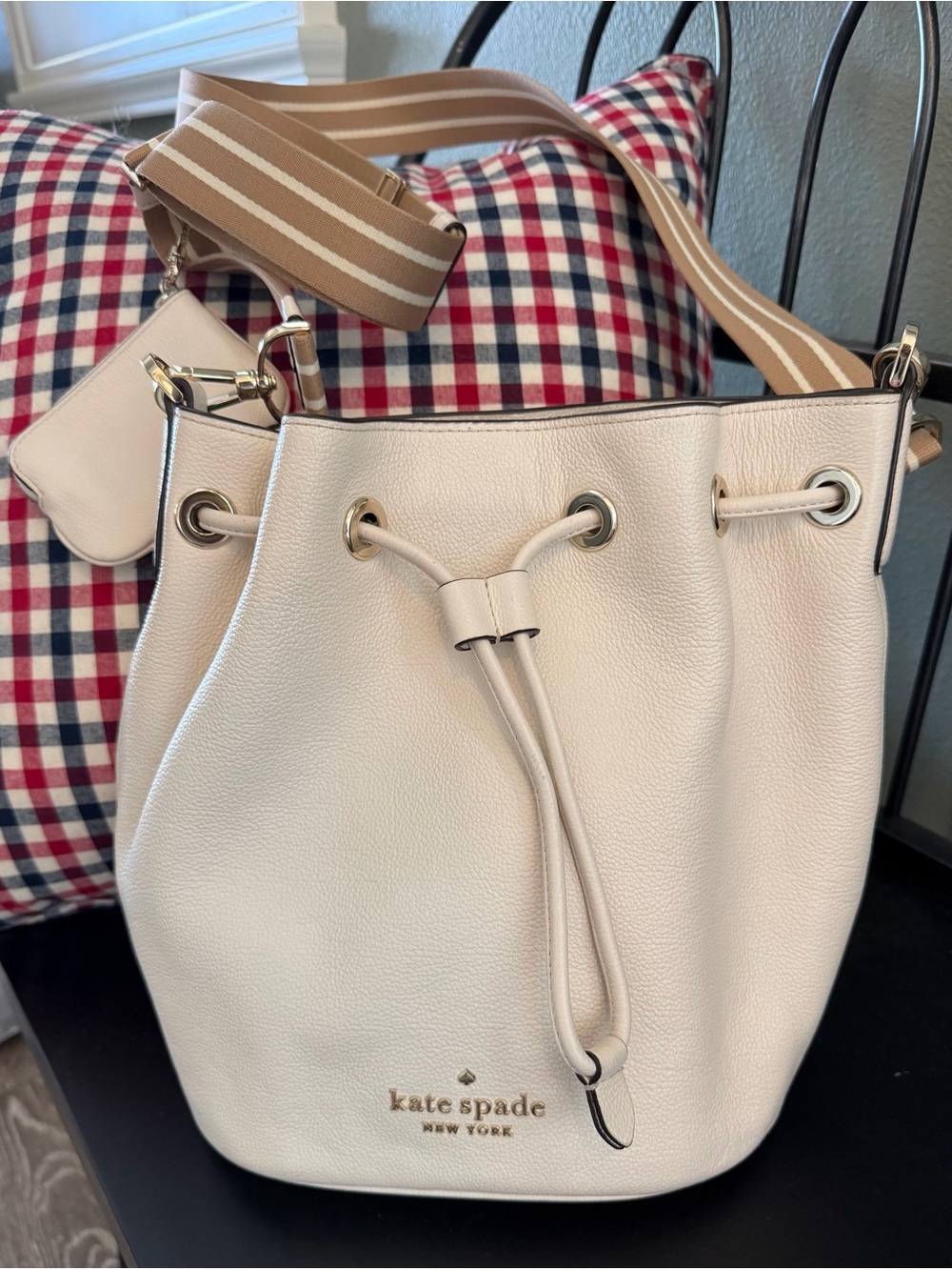 kate spade Cream Pebbled Leather Drawstring Crossbody Bucket Bag